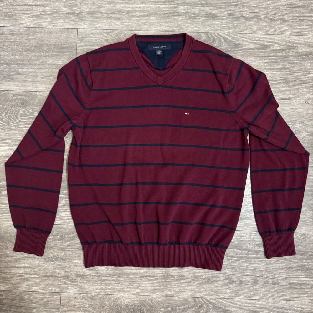 Tommy Hilfiger Mens V-Neck Striped Sweater Burgundy Navy Blue Cotton Size Medium
